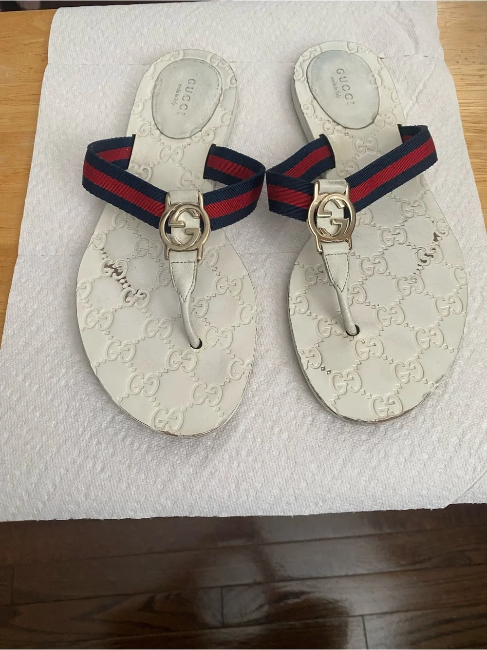 Gucci White Sandal with Red and Blue Web Stripe and Gold Hardware